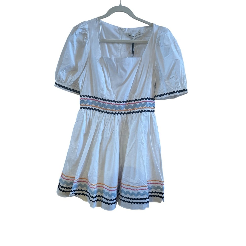 NWT English Factory White Poplin Mini Dress Woman's Size Medium Ric Rac Trim